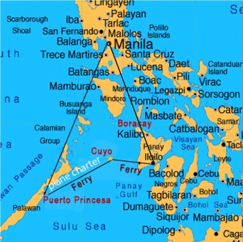 Map of the Philippines showing Philippines Map – Cuyo Island and Ferry Routes and ferry routes